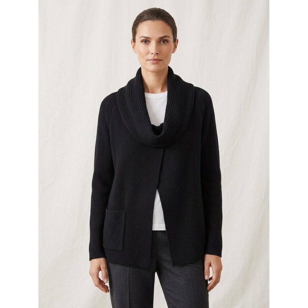 Sweater Cardigan Cowl Neck Mixed Texture Black M Alpaca Wool Peru Minimalist
